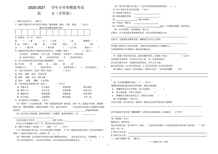 小学升初中语文试题,小学升初中语文试题卷-第2张图片-安安范文网